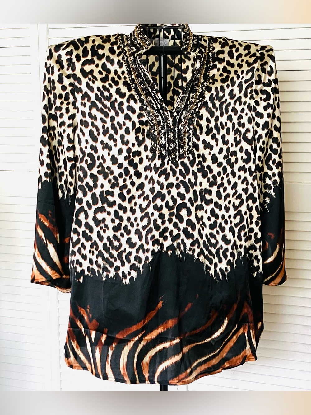 Chico's Women's Mixed Animal Print Beaded Novelty Tunic Top Size 2 - US 12